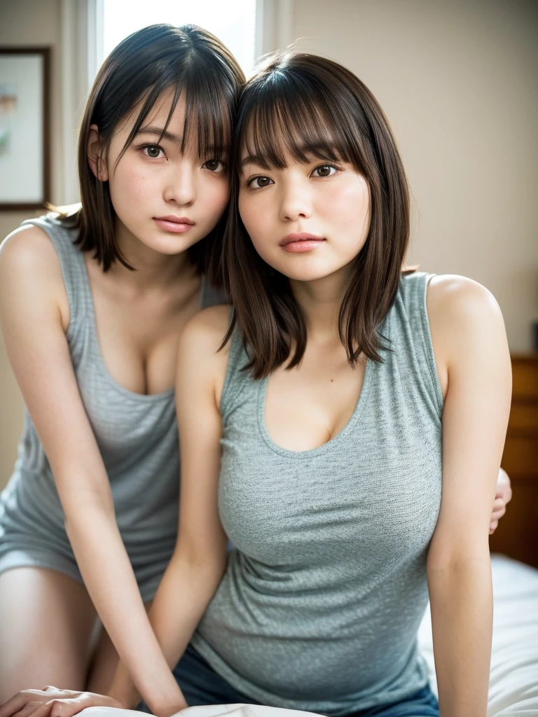 Two girls in a traditional Japanese classroom near the window,Wet white sailor swimsuit,bangs,A small smile,Thighs,knees,Straight hair with barrette,From below,Front light,slender,10 years old,Pressing breasts against each other