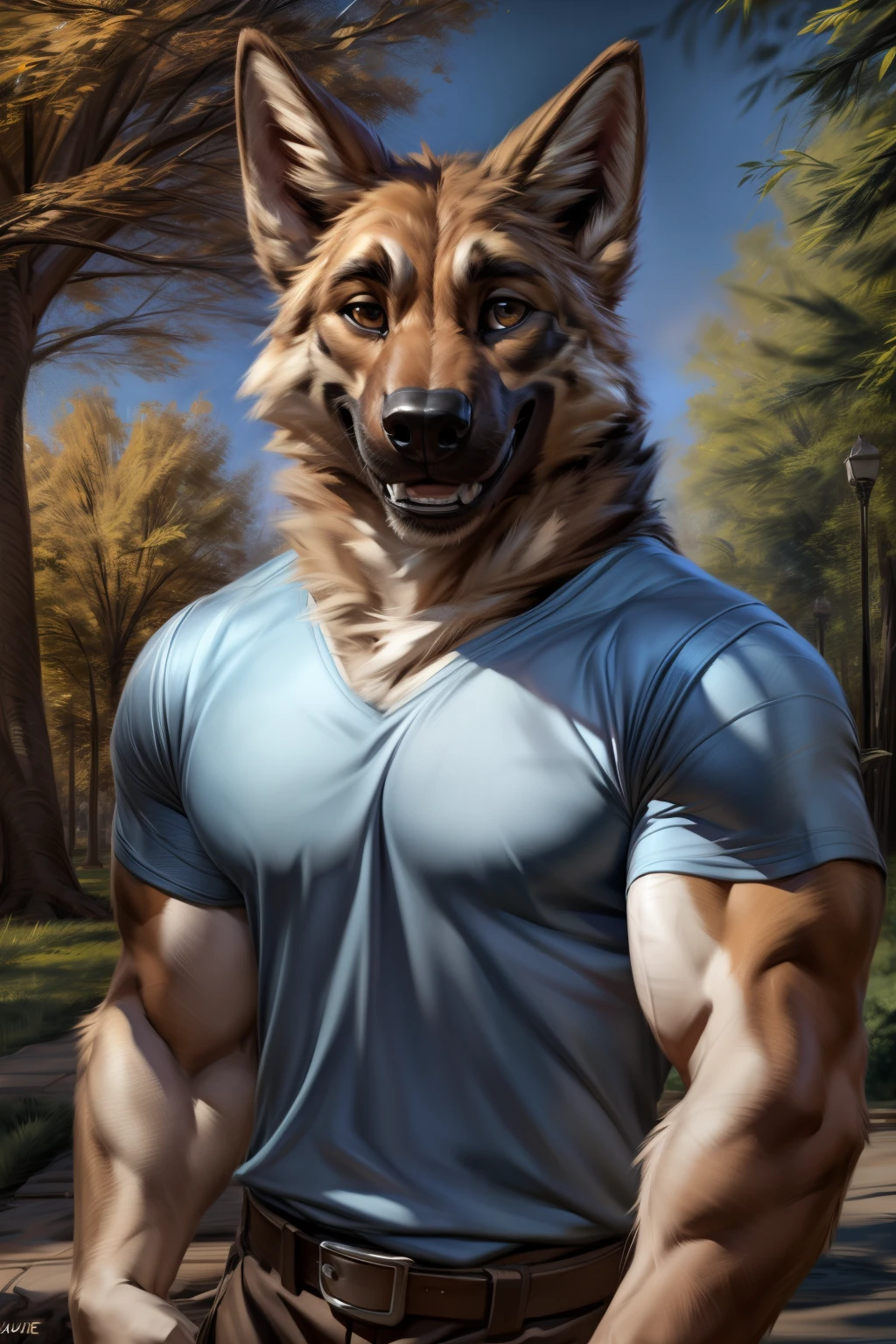 ((By Zaush)), ((By Chunie)), ((By Darkgem)), handsome furry anthro young male German Shephered with nice brown hazel eyes, wearing a t-shirt, shorts, shoes, clothing, background setting, outside, park, nature, trees, ((head shot)), friendly smile, smiling, smiling softly, male, nice, realistic, detailed fur, detailed, lighting, detailed, shading, detailed clothing, detailed eyes, detailed features, German Shepherd, furry, male furry, furry German Shepherd, canine, furry anthro, looking at viewers, detailed background, muscular, muscular male, athletic male.