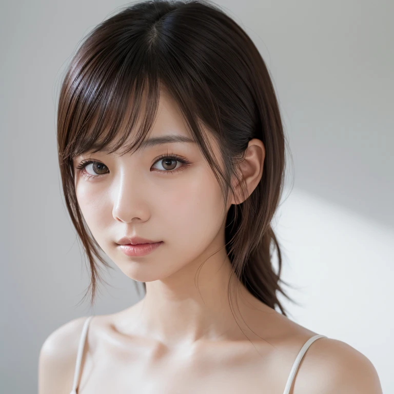 (best quality,highres,realistic:1.37),ultra-detailed,(medium hair:1.5),(cute),(perfect face),(detailed eyes),(detailed lips),(delicate face),(lovely delicate face),(beautiful Korean face),(beautiful aesthetic face),(nsfw:1.3),(standing posture, arms behind back:1.3), japanese idol,very cute girl,(topless:1.5),(flat chest),(embarrassed,full-face blush:1.3),(grin),looking at viewer,(white background)