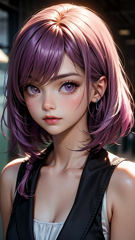 1 girl,(standing alone),(Top-notch image quality),(high qualiy),(high resolution),(detailded),(work of art),(work of art:1.2),(cowboy shot:1.4), (realisitic), looking ahead at viewer, olhos detaildeds, face perfect, perfects eyes, rosto detailded,short purple hair,high bandana, aretes, high socks, cute lingerie,curved,(White background),