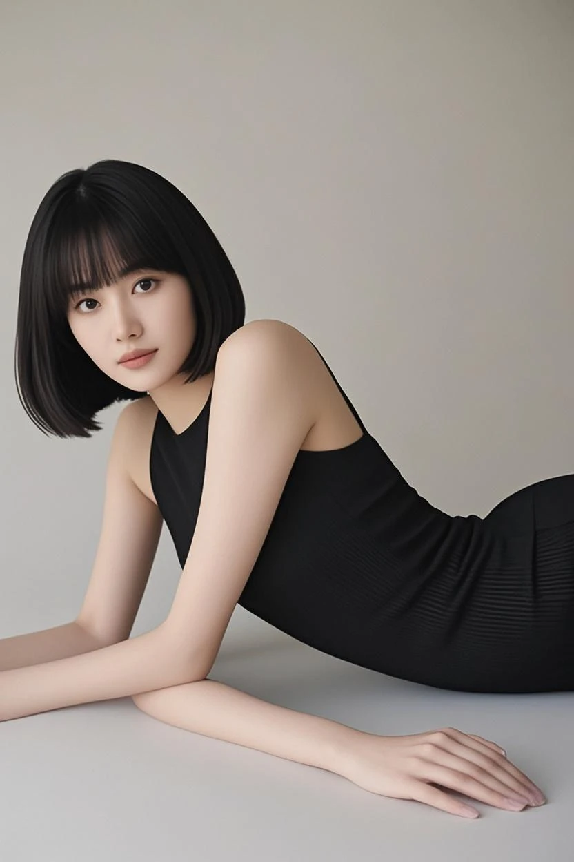 Aarav woman sitting on a chair in a black turtleneck sweater, Korean model ties her hair up loudly