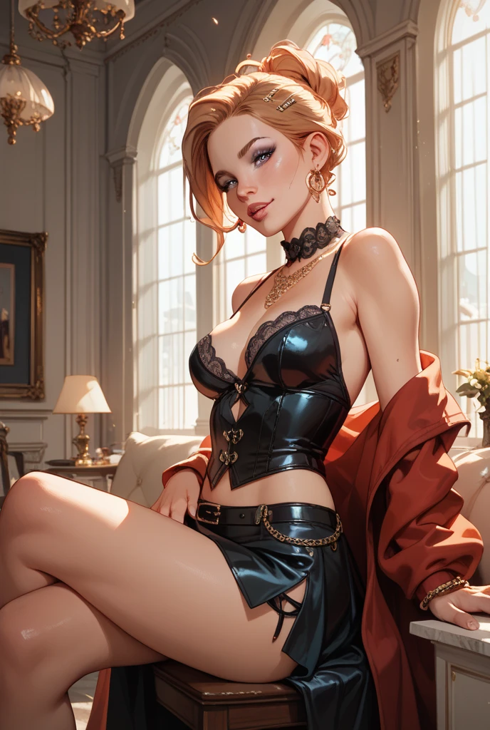 a beautiful busty blonde woman with short bangs and curly hair,sunrise leather thong panties,sheer gold lace shirt,green eyes,red lipstick,black tribal full body tattoo,silver ruby necklace,photorealistic,highly detailed,cinematic lighting,8k,masterpiece wounds bullet holes cuts blood