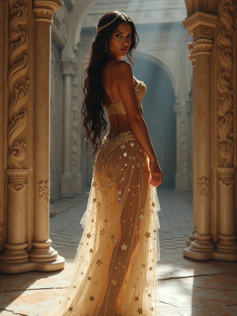 Masterpiece, a beautiful Amazon warrior, (Alyssa Sutherland:1.0), (high detail plunging royal dressis), circlet, lacy filigree, small breasts, (strong muscular body), (short brown matted hair), legs, jewellery, (walking through the corridors of her castle), (fantasy castle background), retainers, HD, (skin texture:1.1), best quality, ultra high res, (photorealistic: 1.4), Raw photo, by Ellen von Unwerth, Nikon D850 Film Stock Photography, F1.6 Lens, Rich Colors, bokeh, sharp focus, Realistic, Cinestill 800, backlight, rimlighting, sunlight through stained-glass winodws, close-up, seductive smile, beckoning at the viewer,from behind