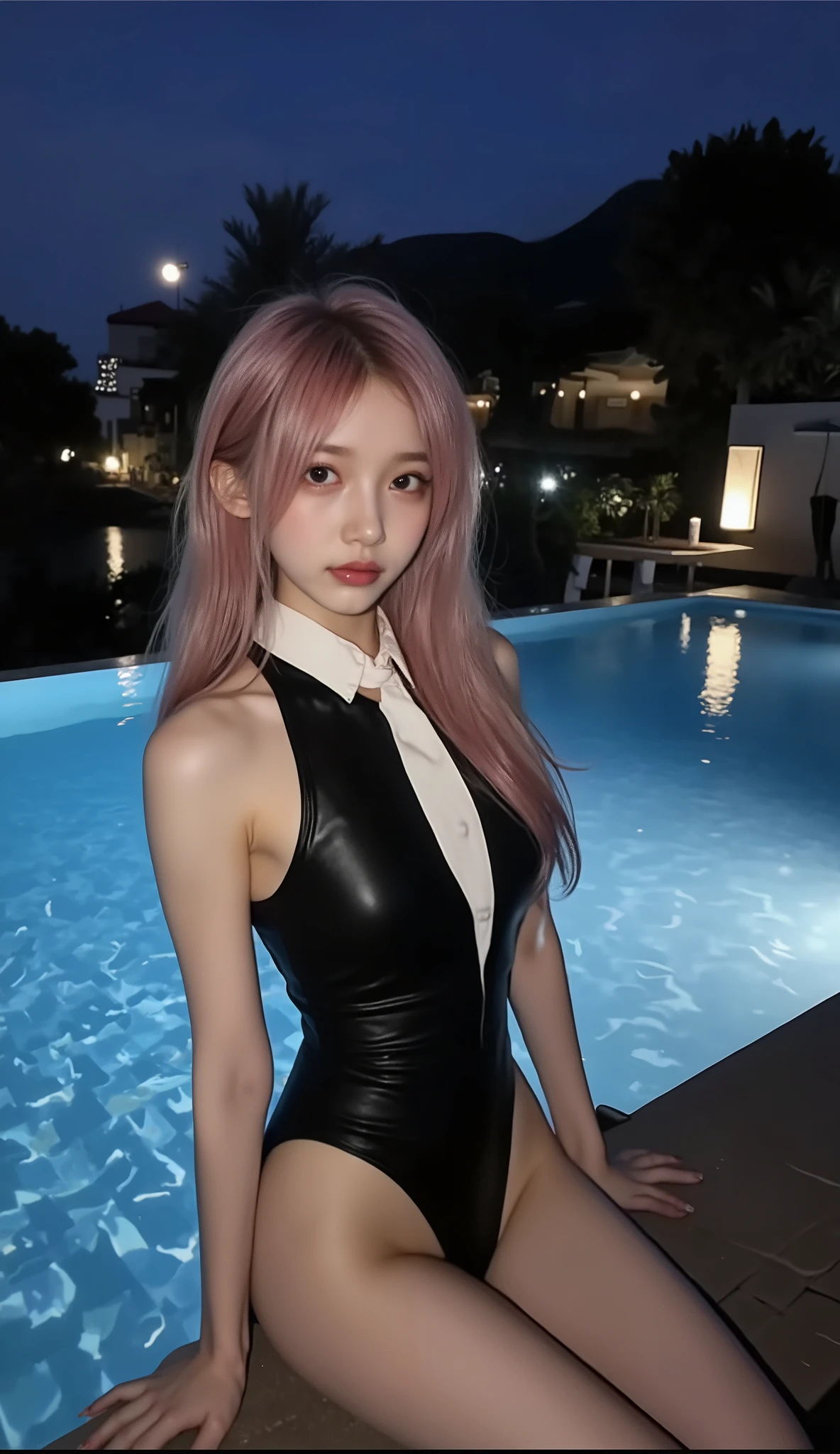 ((depicts a Korean pop idol girl。),(full body shot with mahiru),(( Resort,Night Pool,The glittering light up)),((high neck dress swimsuit,Completely conceals the chest,Close your chest completely)),(Moonlight illuminates you),(smile),(beautiful Korean idol makeup,beautiful lips,dark eyeshadow,long lashes),shiny skin staring at the camera, Show view , beautiful hair, Pure Eyes , (Super Long Straight Hair,Beautiful hair with pink color),(8k, Highest Quality , masterpiece:1.2, very detailed on trends),( anatomically correct, Ultra Detailed Skin ,Refers to 5 books )