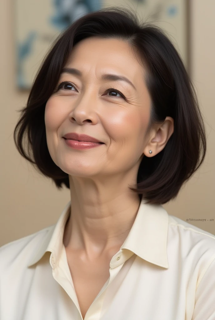 (masterpiece:1.4),(60-year-old woman:1.5),(facial wrinkles : 1.2), gentle smile, beautiful Mature Woman, pores, dull skin, fleckled skin, detailed realistic skin, detailed background, business suit front open, white blouse
