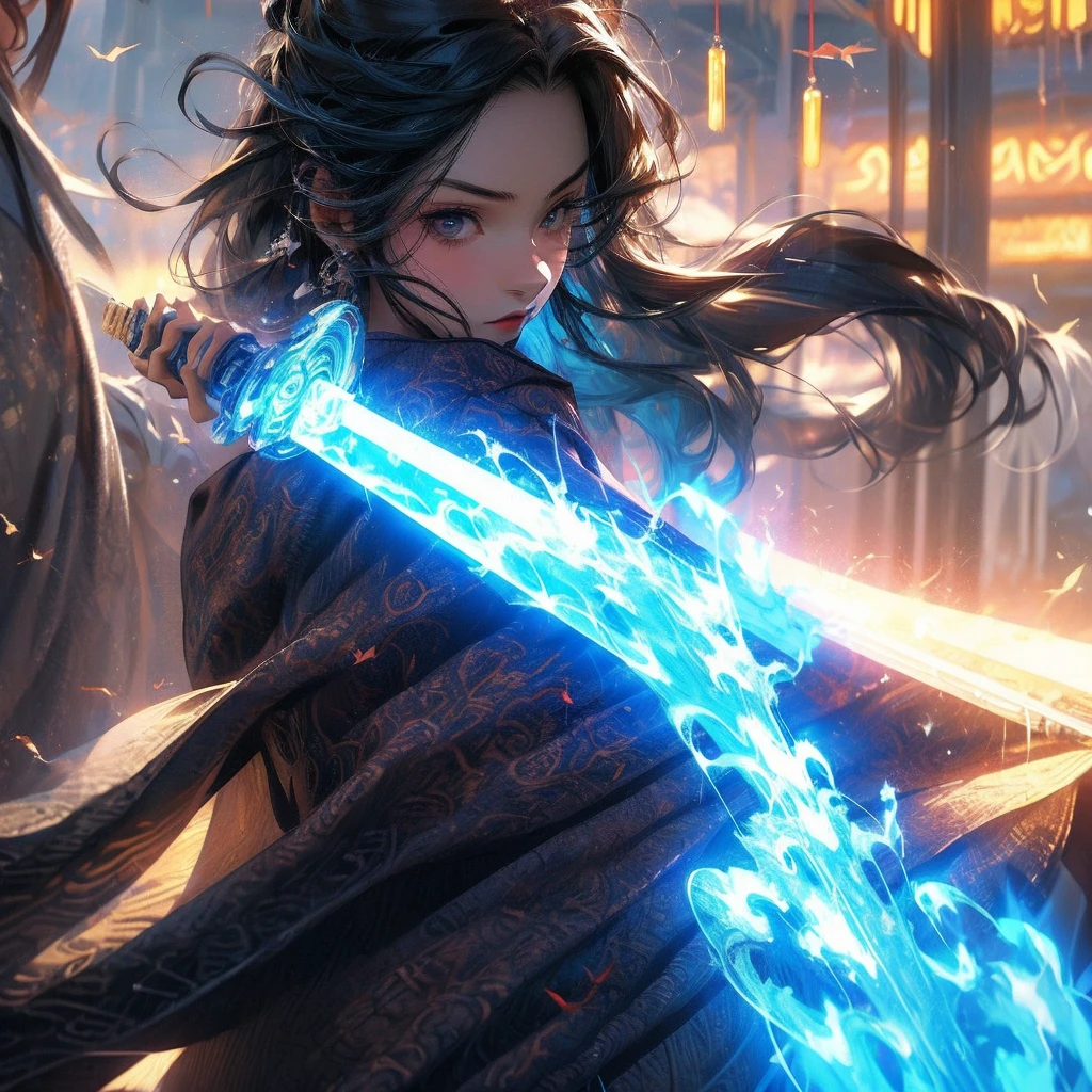 Anime girl with sword and armor in the sky，2. 5 D CGI anime fantasy artwork, Anime fantasy artwork,