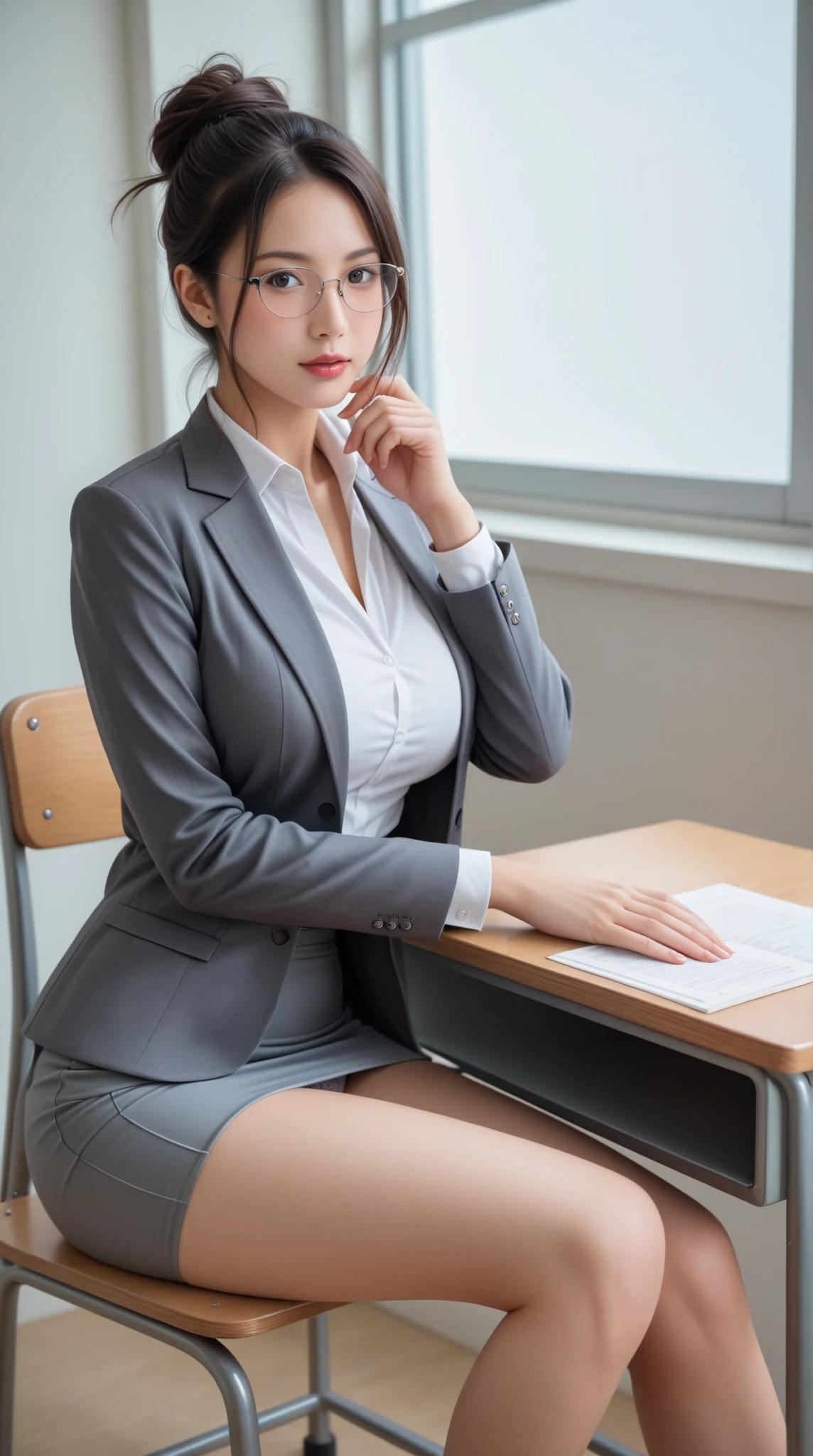 Best Quality, Mastepiece, Photorealistic, It is high resolution., 8k Raw photo,Solo, 1girl, 30 years old、sitting in a school classroom、smile、gentlemen、pink business suit、skirt、High heels