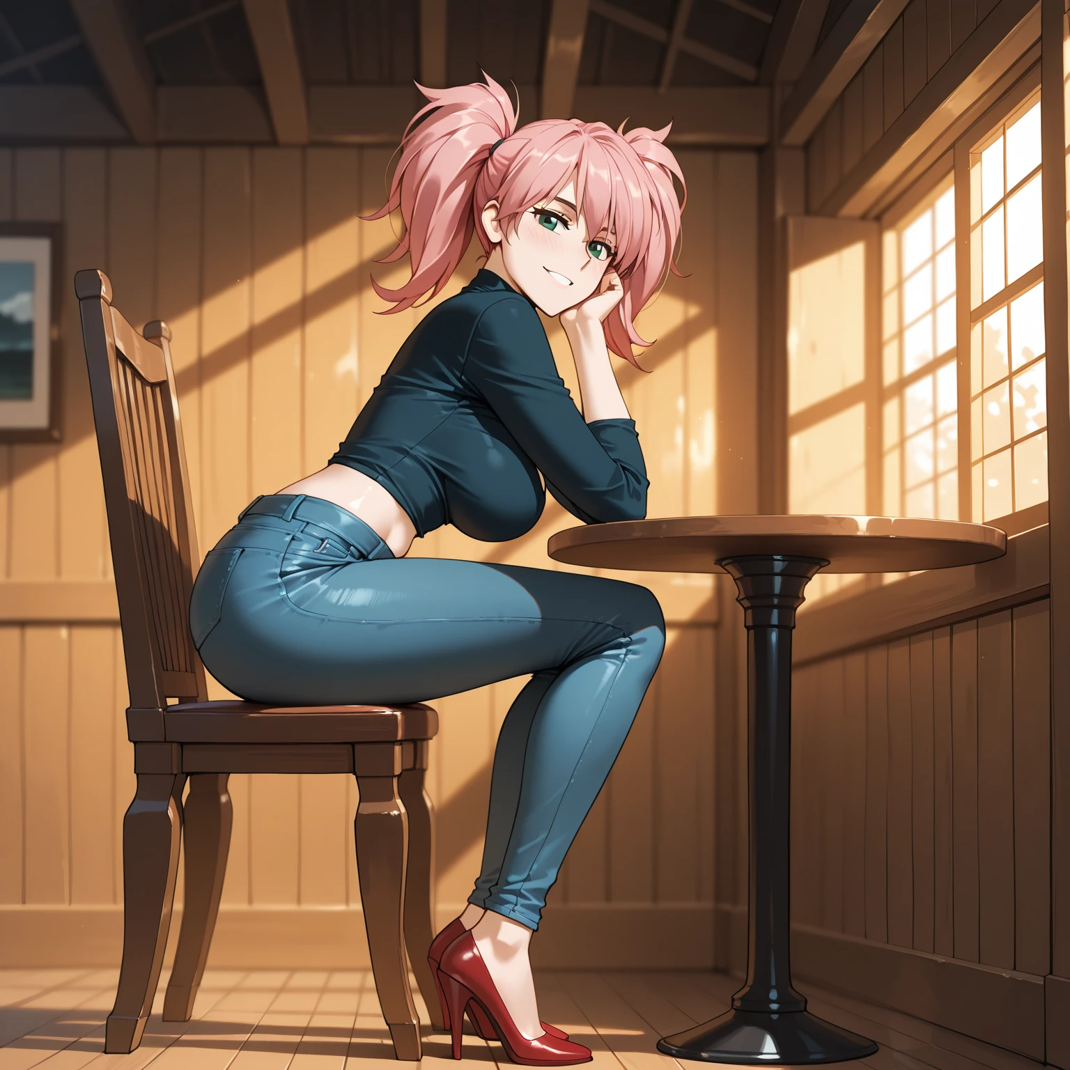 (8K, Highest quality, Highest quality, masterpiece), sit on the floor, (denim hot micro shorts), (shorts aside & vulva peek), big breasts, ((spread legs 1:2)), (fullbody), ((seductive grin)), nn1, 1girl, hair ribbon, long hair, anime girl