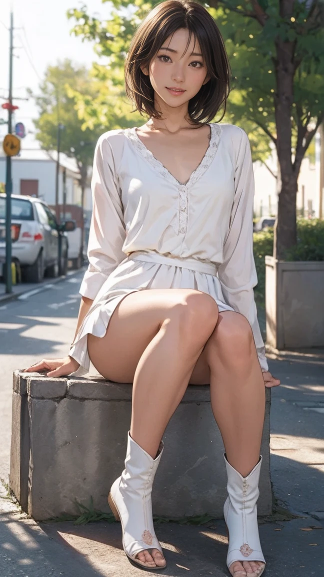 (8K, RAW Photos, Highest quality, masterpiece:1.2), Super detailed, Ultra-high resolution, (Realistic, Photorealistic:1.37) , High-definition RAW color photos, Professional photos, Very delicate and beautiful, Very detailed, 8K壁紙 , (Beautiful and detailed eyes:1.1),(Beautifully detailed face:1.1),Anatomically correct body shape , Fine and beautiful skin,Skin Texture , Full Body Shot , looking at the camera , Natural light , 1 person , woman , Japanese , 20-year-old , E cup bust , Slim waist , , Shiny Hair , (Bun Hair , Blonde:1.15) , Shy Smile , Blouse , A skirt that covers the knees , , , , (Sit on your heels:1.2) , (Spread legs pose:1.21) , (Panty showing pose:1.2) , (Knees are high:1.1) , Emphasize the cleavage , Sharp focus , The background is a real Shibuya street