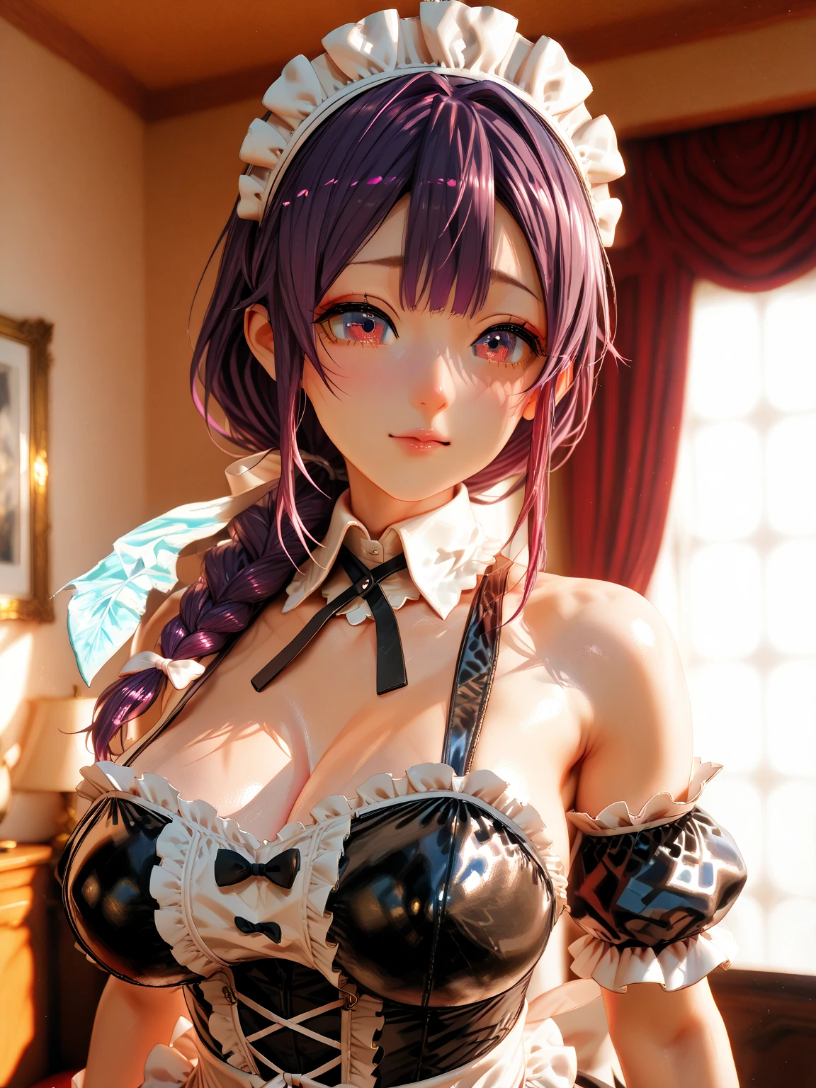 purple hair, maid headdress, color contact lenses, longeyelashes, shy, angry, blush, modern, ray tracing, chromatic aberration, cinematic lighting, The upper part of the body, huge tit, UHD, 8k, highres