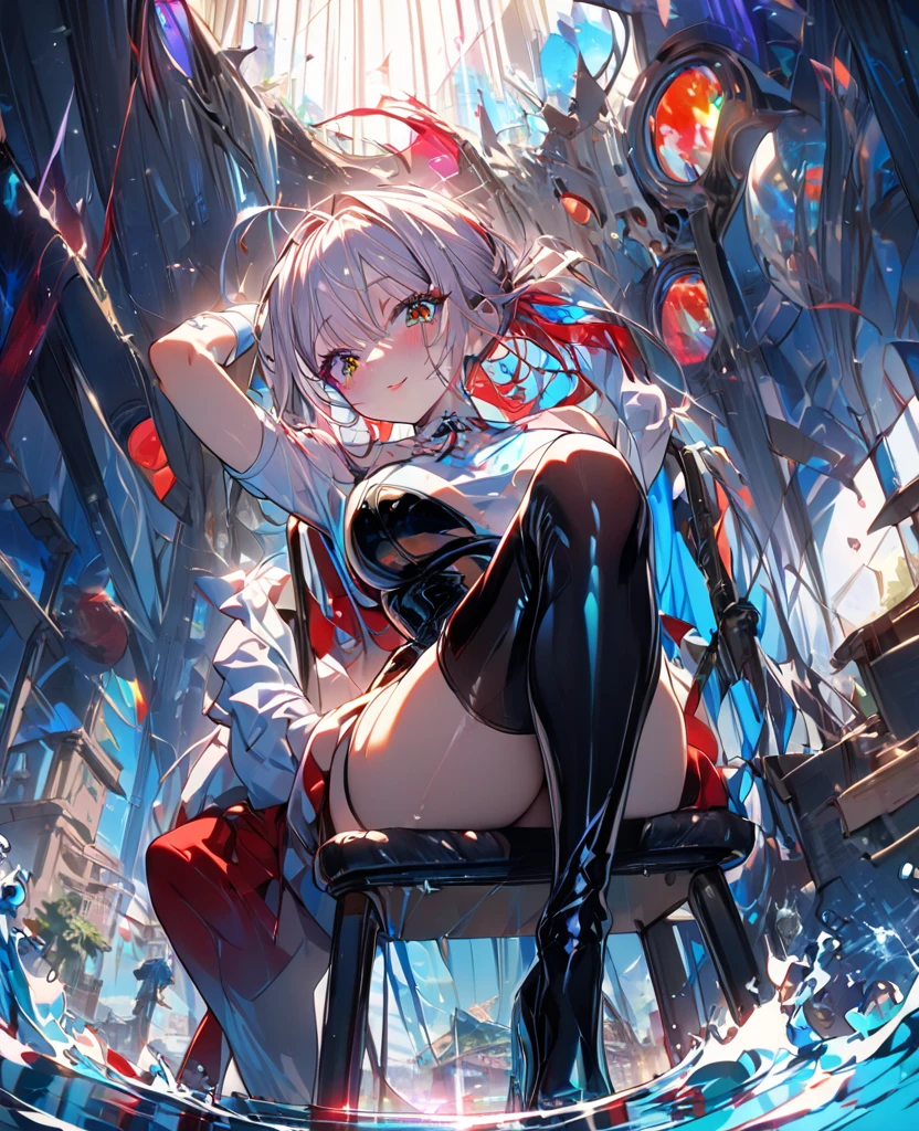 Highest quality、8K、(Bunny girl)、Fishnet tights、High heels、Red Bunny Suit、View Viewer、smile、Futuristic Living Room、indirect lighting、Room with houseplants、From the window you can see the valley between the city buildings、Night view、Silver short hair、Beautiful eyes、Beautiful Face、Delicate eyes

