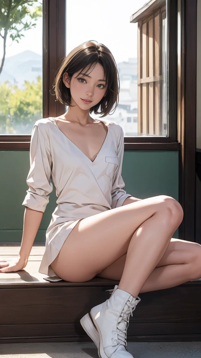 ((8k、sharp、masterpiece、highest quality、Realistic like a photo、perfect face、small face、very beautiful face、Fair skinで可愛い、Fair skin、gray hair、blue eyes、))、 19 years old、short hair、shiny skin, moist skin、Fair skin、日本のtop idol、cool girl、cute face、perfect face、japanese idol、top idol、19 years old:1.3、((流れるgray hair:1.4、美しいblue eyes:1.3、double eyelid、beautiful breasts、thin legs、Beautiful shaped buttocks、girl with perfect style、abs、gray hair、very well-groomed face、cute face、))、beautiful breasts、professional lighting、portrait shot、smile at the viewer、blush、(pajamas:1.3、)、((I feel sleepy when I wake up))、cleavage、((彼女ベットで視聴者の横にco-sleepingしてこちらを見つめています.'))、'Bedroom、cool girl、co-sleeping、