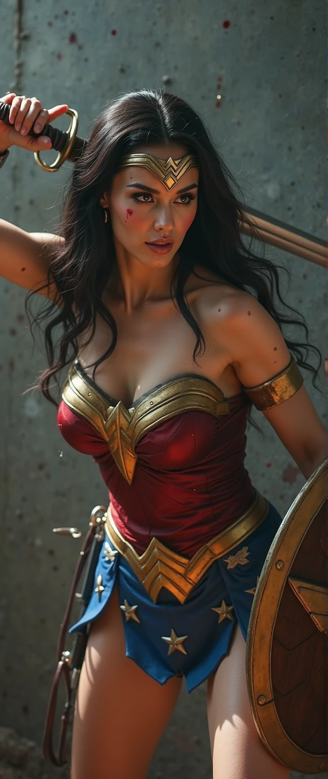 1girl, beautiful girl, wonder woman, skirt, hanging, half body, (close eyes:1.3, weak, powerless, sleep), bruises body, (((shackles)), ((shackles and arms up, chain leads, metal collar, wrists tied)), bondage, slavery, restraint, (basemend wall backgroun, dirty, dark, creepy), best quality, masterpiece, arms up, comic style,  Indian super model, wearing wonder woman outfit, sexy , huge breast, cleavage, oily skin, lusty looks, plus size model, sexy expression, high end makeup, smokey eye, black ponytail hair, 8k, cinematic, Aishwarya rai 