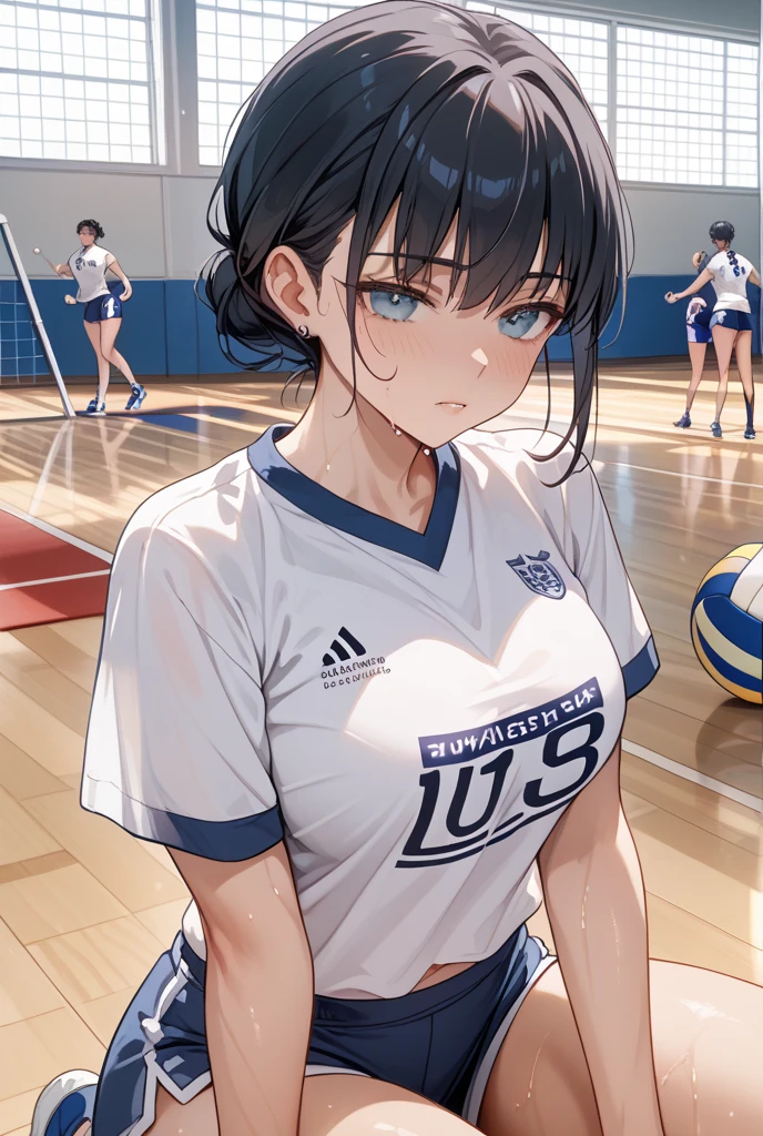 Features{neutral,short hair,Eye color(right eye:green,left eye:blue),water色の髪,One Girl,Shaved},
clothing{Volleyball Uniforms,stockings(black,Low denier), I can see your chest},
Showing off pussyようにしてる,
On a chair,Blushing,Sweaty skin,Face,
"Peeing",Spread your legs wide,Showing off pussy,water(Transparent,Light yellow,Pee)It&#39;s coming out of my pussy,
place{locker room}