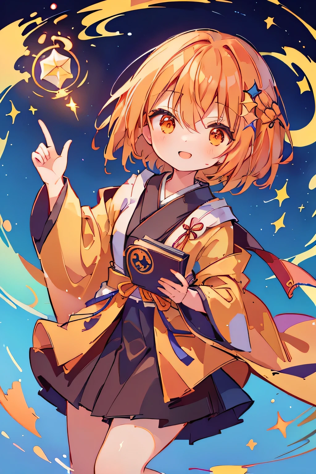 1 girl,(asymmetric hairstyle:1.3),(orange:1.2),(Hair cut only on the left side:1.4),((wizard's robe:1.2)),(japanese wear), ((opening a magic book)),(background with twinkling stars:1.35),waving in the wind,(proud smile),((Super high quality:1.5))