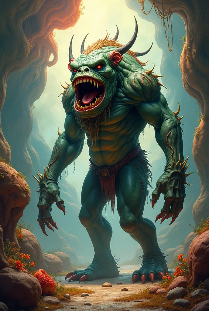 a monstrous creature representing the fauna and culture of brazil, detailed anatomical features, maximal detail, horror-style junji ito, dark fantasy art, intricate body structure monstro sendo visto de dia, paisagem real do fundo