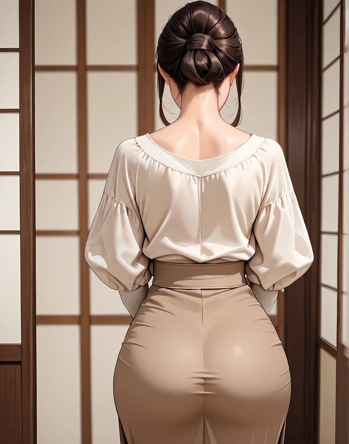 best quality, masterpiece, extremely detailed, detailed background, anime, 1girl, acmm ls outfit, wearing acmm top, red acmm top, long sleeves, wearing acmm long skirt, red acmm long skirt, printed skirt, outdoors, sun lighting, solo focus, back side shoot, full HD