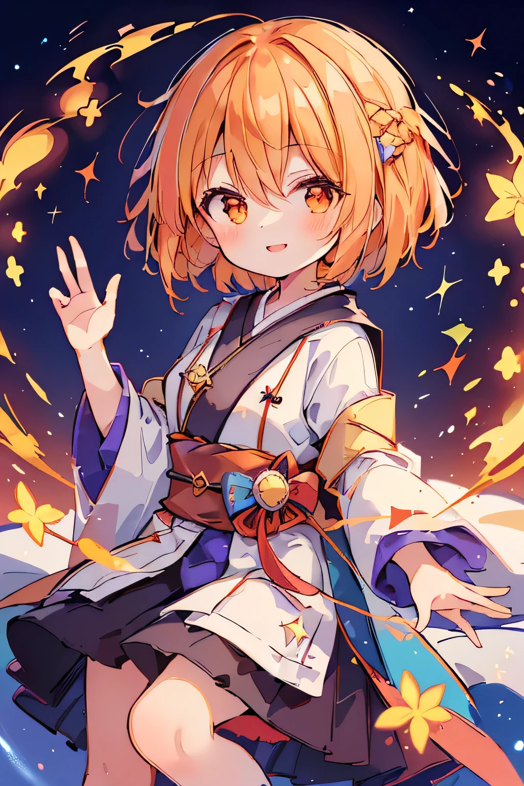 1 girl,(asymmetric hairstyle:1.3),(orange:1.2),(Hair cut only on the left side:1.4),((wizard's robe:1.2)),(japanese wear), ((opening a magic book)),(background with twinkling stars:1.35),waving in the wind,(proud smile),((Super high quality:1.5))