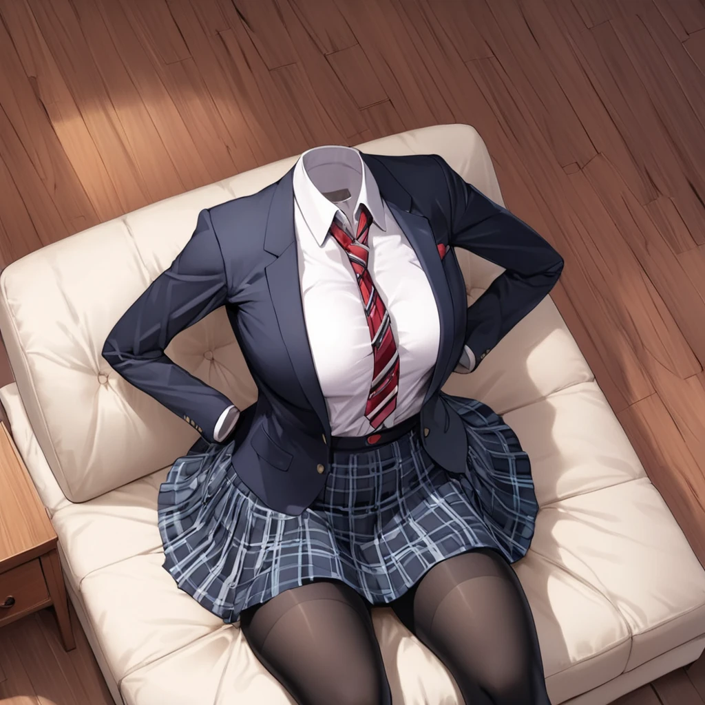 (invisible:1.5, no humans:1.5, headless:1.5, faceless:1.5), ( school casual blazer, plaid skirt, black stocking, on sofa, spread legs:1.2), long sleeve, (big breast), (best quality, masterpiece:1.2), (((detailed cloth texture, detailed anime, super fine illustration)))