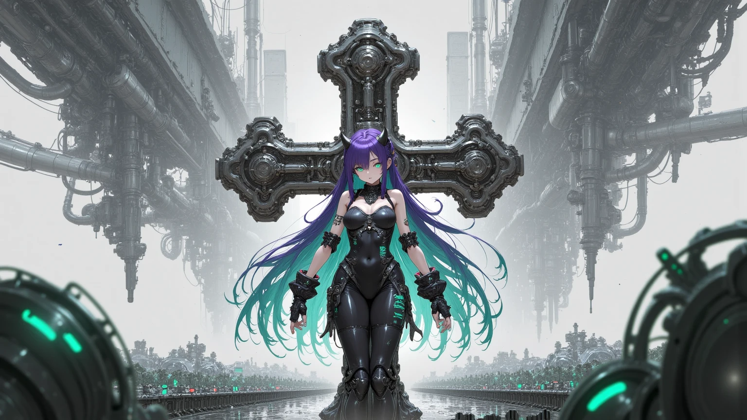 Posing with a giant cross in the middle, 1 girl, solo, long hair, green eyes, purple hair, wings, cross, horns, detached sleeves, handles, ear piercings, dress, colorful hair, chain, earrings, hair accessory, looking away,  bangs, claw hair clip,
nakiri ayame, 

score_9, score_8_up, score_7_up,lamiapgr, turquoise hair, long hair, braided hair,PEAnimeBG, Background, anime, scenery,Xeno, scanlines, monochrome, high_contrast, selective_coloring, muted_palette, full_color, detailed_outline, detailed_linework, cyberpunk, industrial, dystopian, psychedelic 