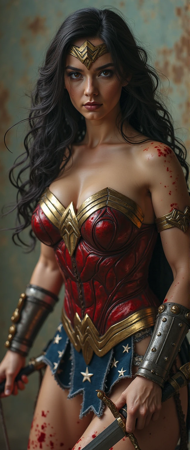 (masterpiece), best quality, an ultra-detailed (wearing blue and red armor)and high-resolution full-body portrait of a giant, muscular Wonderwoman, characterized by his immense strength, kneeling, screaming and bloodied, (((( in the background several bodies resulting from a bloody battle))).