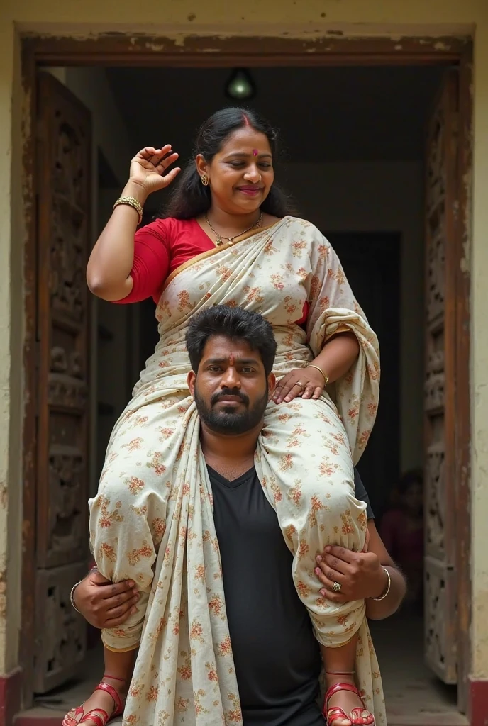 Beautiful and Slim Indian woman in white kurta lifting a large chubby man high above her head with her strong arms. Photorealistic. At home terrace, natural smile