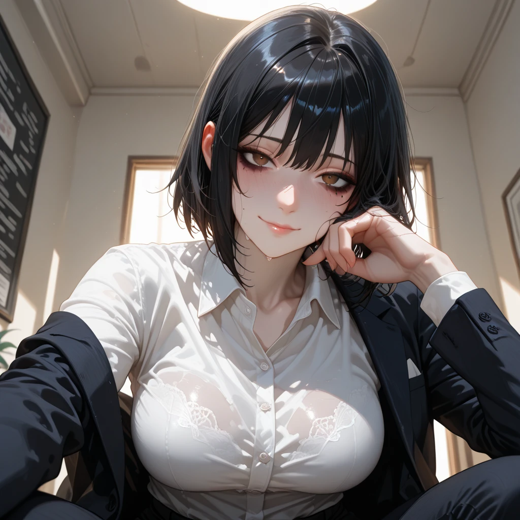 close up of face、black hair, red eyes, black hair, oni horns, slightly blushed、short hair、girl１、sit、study、uniform、School、smile, big breast, (Squinted eyes, look of lust)), ero, sexy girl, anime style, 2.5D anime, anime eyes, red eyes, closed smile, Biting lower lip, beautiful, gorgeous girl, female body, unbuttoning her shirt