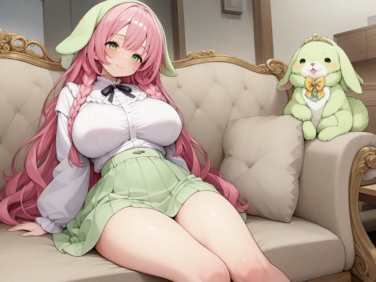 ((Masterpiece,Best quality)),1girll, Solo,Long hair, Fox girl, Fox ears, Huge breasts, Bare shoulders, Pleated skirt, Hair ribbon, choker necklace，Lick the cucumber