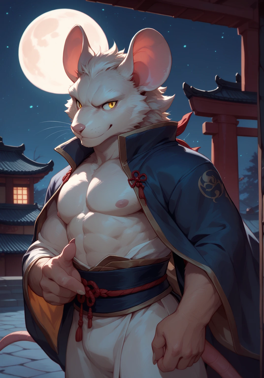 ((by lindong:1.2),(by null-ghost:0.7),(by takahirosi:0.7)),
(masterpiece, best quality),
male focus,1boy,rabbit furry,white rabbit,((white fur)),solo,animal ears,rabbit ears,full body,furry male,smile,(plump),red eyes,thick eyebrows,
scarf,lantern festival,fireworks,night,traditional chinese architecture,sitting,(((onsen))),(((soaking in hot springs))),bulge,red loincloth,
looking at viewer,
((((moobs, stocky)))),