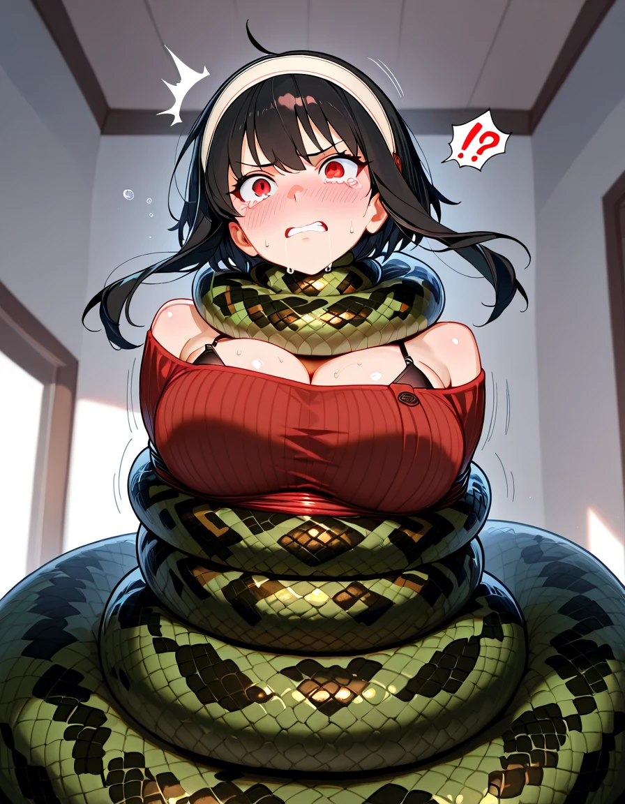 masterpiece, best quality, illustration, highly detailed, Tifa Lockhart, length hair, floating hair, messy hair, unique hair detailed, large breasts, breasts out, beautiful detailed eyes, cleavage, snake, (coiled), snake scales detailed, restrained, scared face, crying, nude