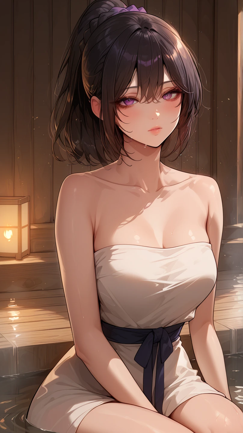 (masterpiece:2.0), (highest quality:2.0), (Extra short white tube top towel:1.5), (perfectly exposed shoulders:1.5), (perfectly exposed nape:1.5), (super sexy pose:1.5), (blushing face:1.3), (barefoot:1.3), (spilling breasts:1.5), (realistic:1.5), 1 , precise small needle, embarrassed look, light smile, Very cute girl, innocent face, young face, clear eyes, shining eyes, I can see your shoulders, small breasts, I can see my thighs, no pubic hair, beautiful skin, Super fine, highest resolution, Japanese high school student, brown hair