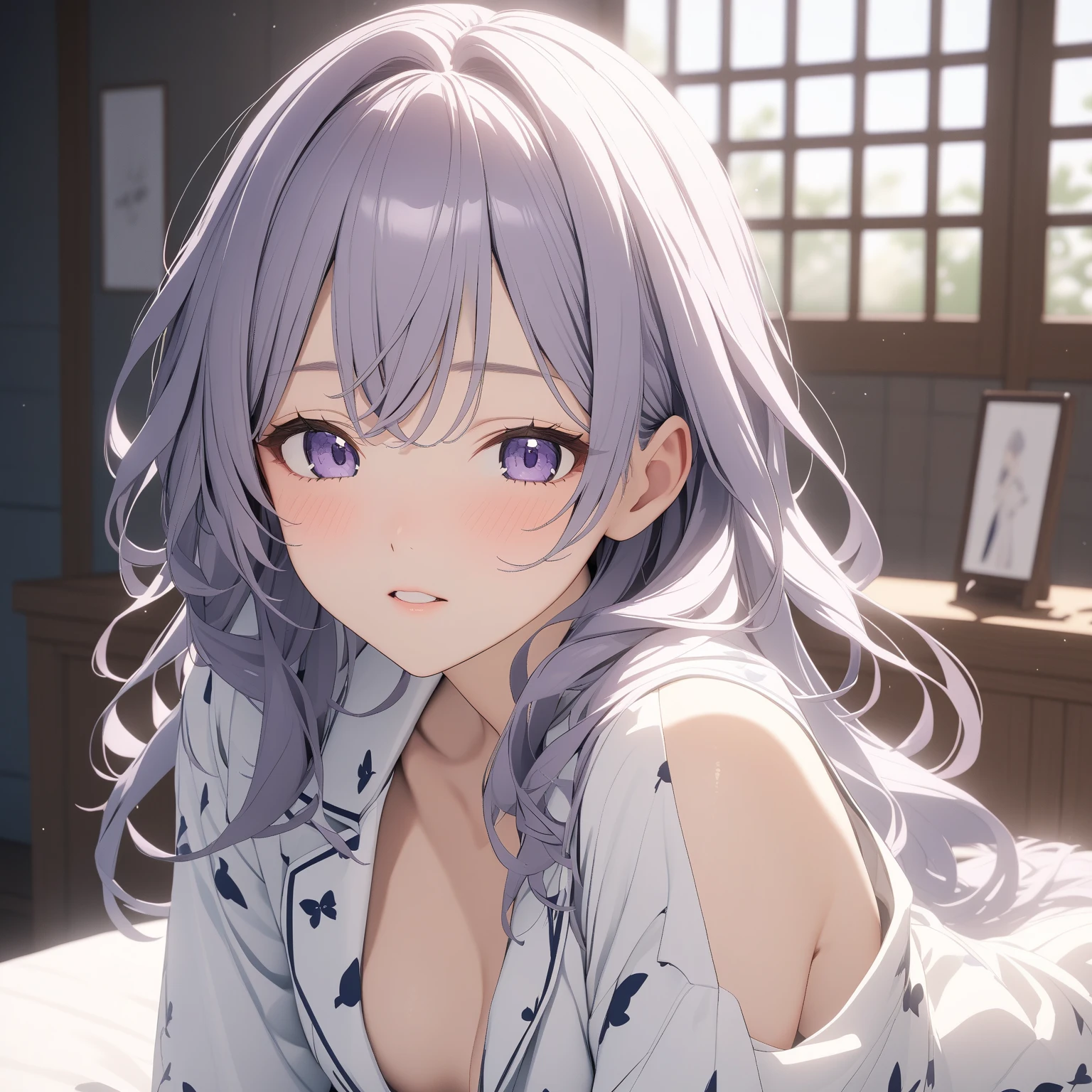 Wipe wet (shaggy:1.2) hair with big long (towel:1.2), steam, fog, looking viewer, focus on girl, towel on hed, towel draped over shoulder, rase both of hands on hed, in bathroom, (sweat), floor lamp, (smile, happy), relax, open mouth,nude,(nipple),pussy