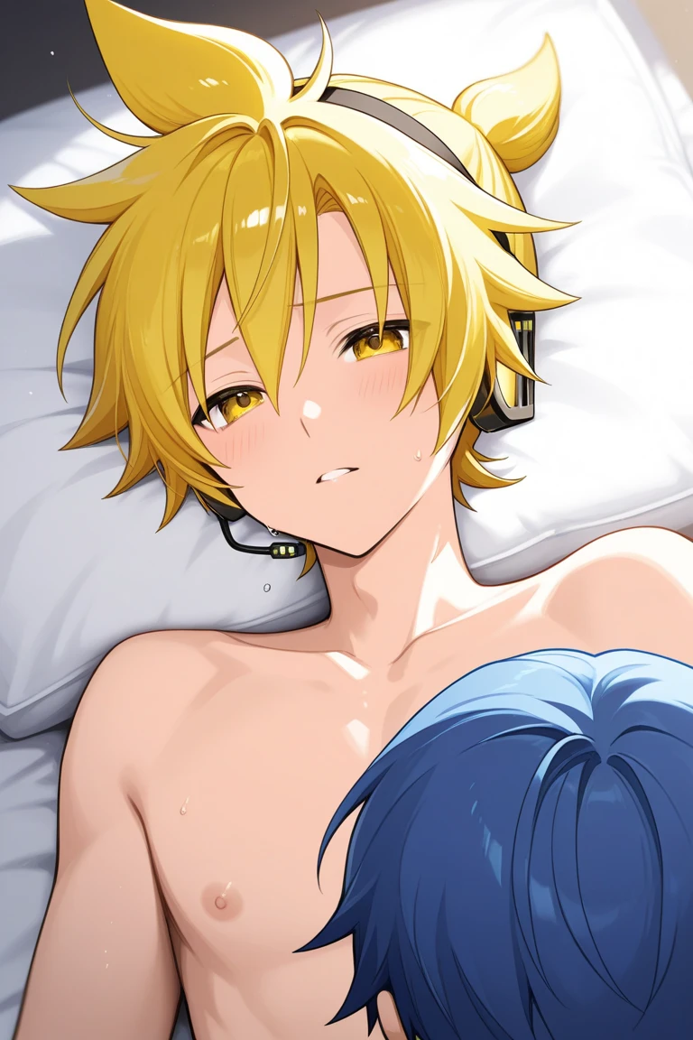 adult man with short blonde hair, blue eyes, blue boxers, bondage harness, aroused, in bed, on side, shirtless