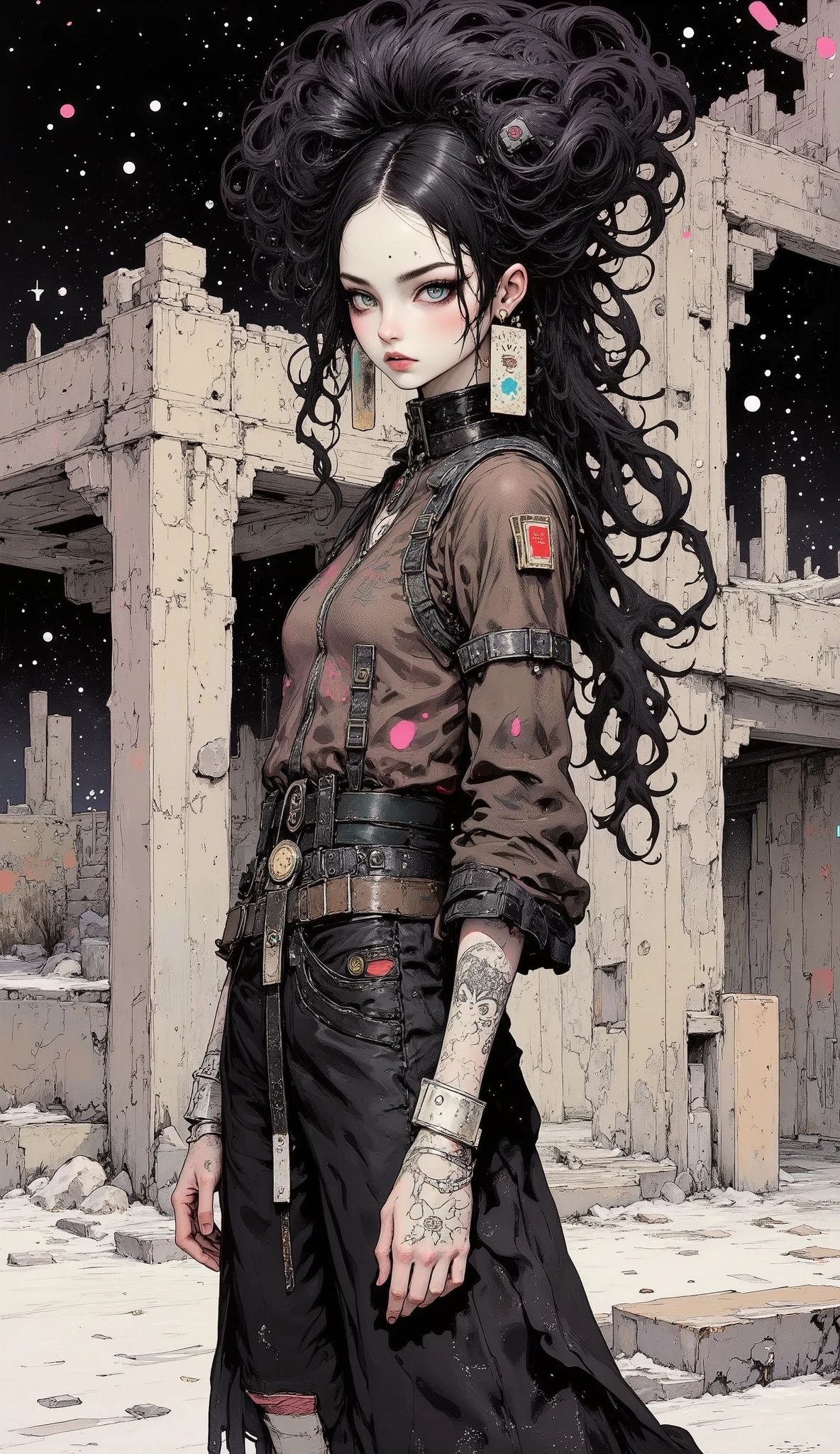 Realistic digital art. Realistic image of an unreal apocalypse girl. She stands with her head slightly turned towards the viewer. A very beautiful, slender, muscular European-type girl. Pale skin. Beautiful, big turquoise eyes. The look is incredulous and stern. High cheekbones and a pointed chin. The lips are pale and chapped. There are epic tattoos on his face and body. A High voluminous hairstyle of long, matted dreadlocks in the punk style. Biker-rocker-style leather clothes are shabby and dusty, decorated with rivets and zip fasteners. Massive earrings and bracelets made of white patinated metal. His hands were wearing straps and leather gloves. The atmosphere of the post-apocalypse. Snow, flying ash, diffused white light. Ruins covered with snow. Bokeh. Shooting from one level.