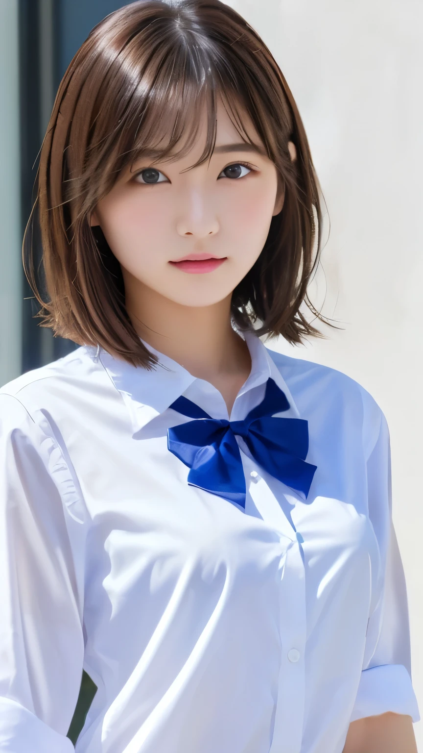 Best Quality , ( beautiful)、20 year old women、 young and cute girl、、 medium hair、light brown hair、brown eyes 、small breasts、medium breasts、white business shirt、 bow tie、upper body、Soft 、schools、