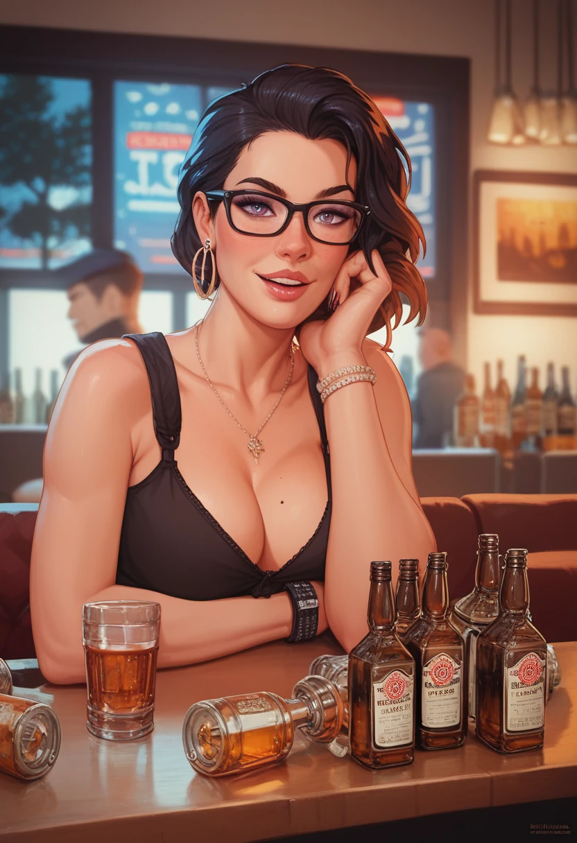 (in perspective) A beautiful sexy brunette woman, a woman with tattoos on her body and a choker, perfect 23-year-old secretary, straight hair with a ponytail, white, silky and oily skin. (wet) full lips, (photoRealista:photoRealista, 8k masterpiece), large breasts wearing a tight white dress shirt (highlight on breasts), sitting at a restaurant table holding a cup of coffee (hyperRealista: Realistic, environment with intricate details), with a sensual feature on the face: (texture and environment professional photography pure and perfect lighting).
