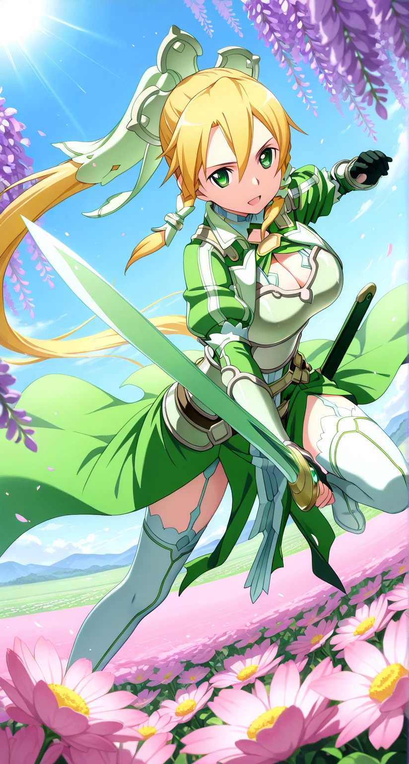 masterpiece,best quality,highres,ultra-detailed,Jingliu,alternate color,masterpiece,detailed illustration,lifelike,leafa (sao),shiny beautiful woman,dynamic angle,dynamic pose,depth of field,1girl,green eyes,blonde hair,very long hair,ponytail,braid, twin braids,hair ornament,cleavage,dress,green dress,armor,breastplate,faulds,white thighhighs,white footwear,boots,thigh boots,high heel boots,high heels,field of flowers,sunlight,clear sky,wisteria flowers,looking at viewer,light smile,open mouth,holding sword,battoujutsu stance,green sword,brave perspective