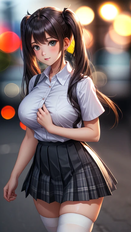 1 teenage girl,slender,(tall:1.5),[[bitch]],cowboy shot,from front,{(black hair:1.2),medium hair,(straight hair),(ponytail),blunt bangs},(big breasts),break,{school uniform,gray cardigan,break,(plaids skirt:1.2),(ribbon:1.2)},(Fine eyes and skin:1.3),(Detailed facial features:1.3) ,(Perfect Style),(Beautiful Face),at city