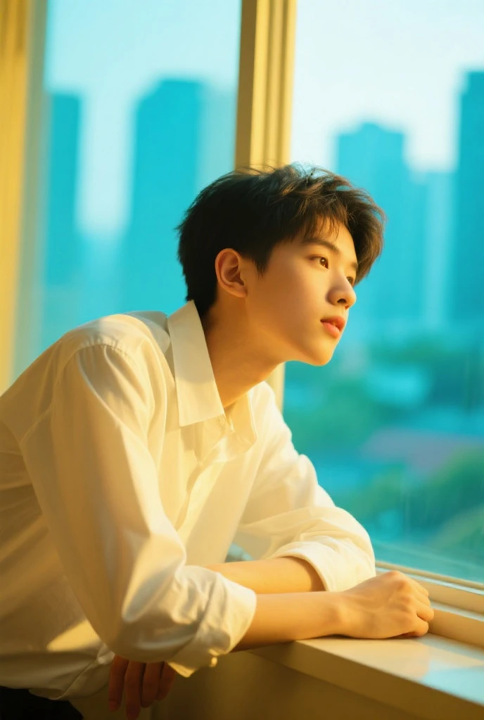 youngman sitting at the classroom window,staring at the night sky,clear sky,starry night,8k,RAW,photo realistic