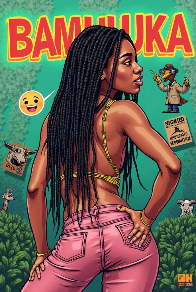 Very young woman with white dreadlocks and dark skin with several tattoos on her body standing with her legs open, putting your hand in the anus