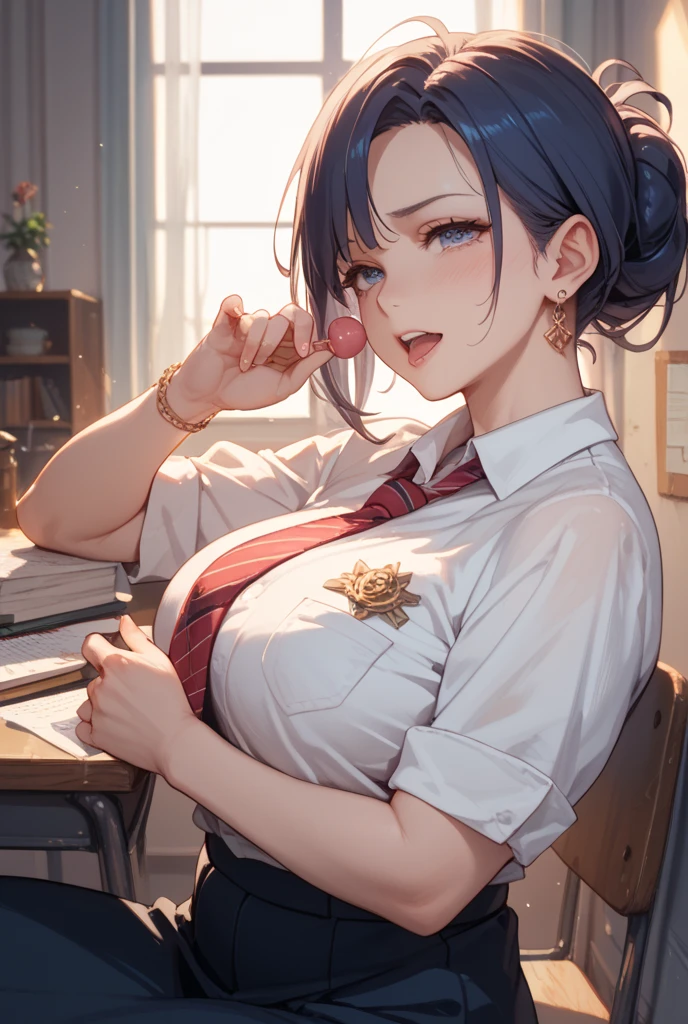 masterpiece, Great, Great, 1 girl, Blue eyes, shirt, pleated skirt, Big breasts, sort, ((sweat turns red, Big breasts, bite the condom, holding a condom in your hands, condom on the chest, sitting on the ground, money on earth))