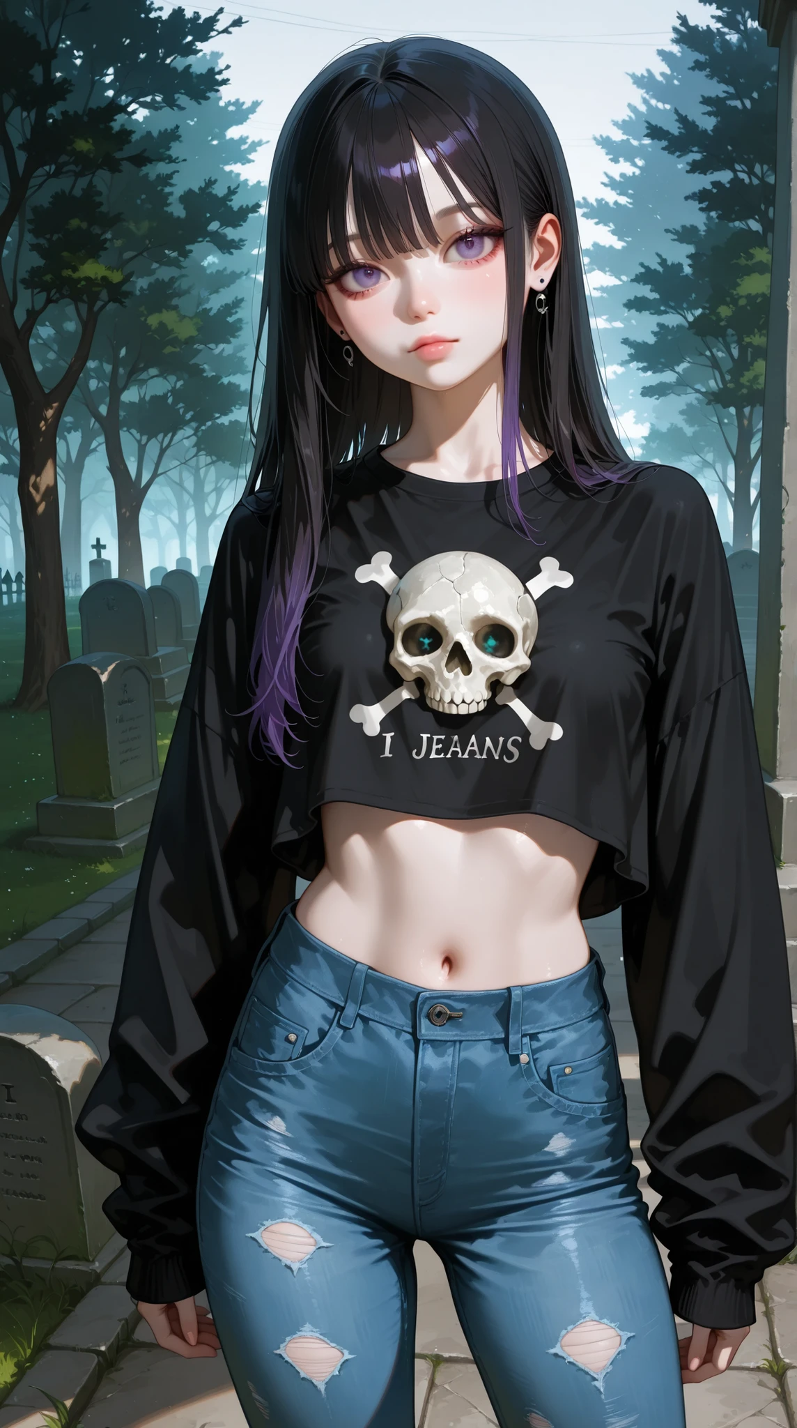 Realistic Depictions、Young Goth, I'm wearing a black crop top with a skull pattern、I' jeans, In the background is a cemetery