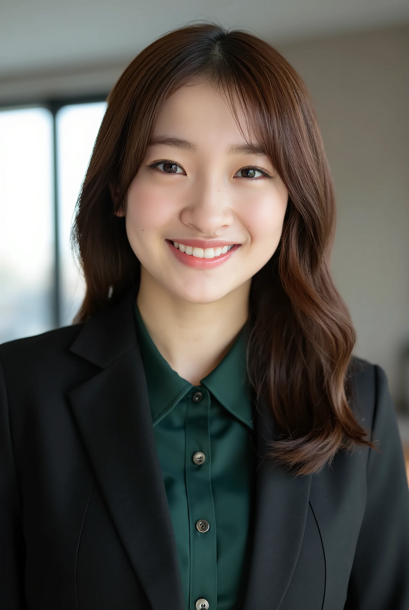 Neat Young Woman、and look at the camera、smile showing teeth、office lady suit、jacket、shirt、 pale brown hair、dark eyeshadow、upper body、Background is in a room、