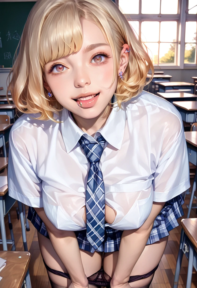 blonde, short hair, girl1, in the School classroom, (upper body), completely nude, (small nipples:1.2), (small areolas:1.2), kawaii, cute, purple eyes,(open white shirt),(shy), (blush),light smile