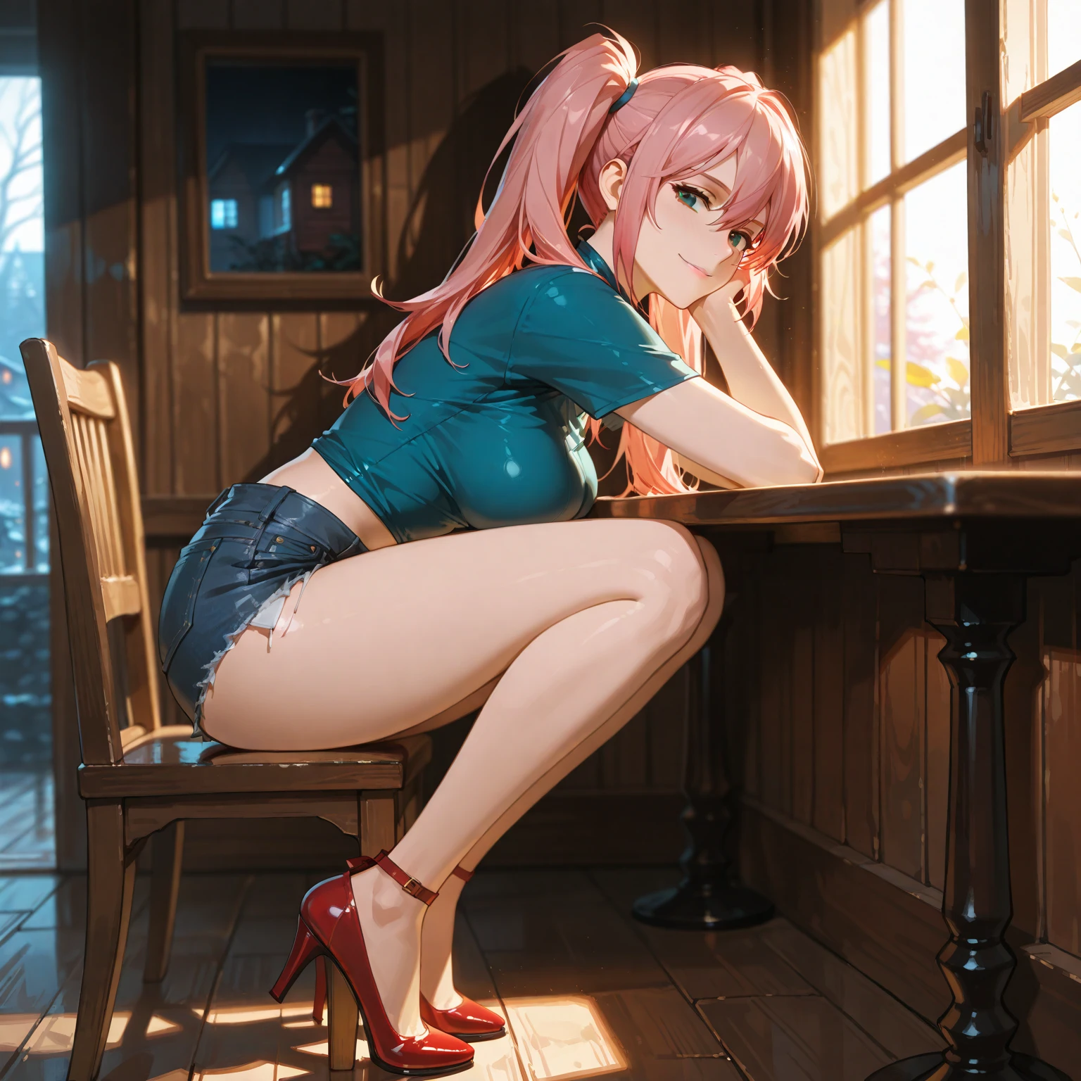 Sakura Shippuden, red shirt, Wrap your legs, skirt, Shoes without toes, 검은 속skirt, Sleeveless, forehead, green eyes, ยามforehead, black gloves, perfect, Masterpiece, (best quality, mackerel:1.2), 1 woman, Beautiful and delicate eyes, Beautiful and delicate lips, Highly detailed eyes and face, Long eyelashes, center:oil painting, bright colors, HDR, studio lighting, Very detailed drawings, Sharp focus, Physical rendering, Very detailed explanation, Portrait, ((Organized fingers)), attractive body, big breasts:1.3, perfect 모양, Facing the audience, difficult, That's cool., sitting astride., smile, Navelism of Minimalism, Masterpiece.
