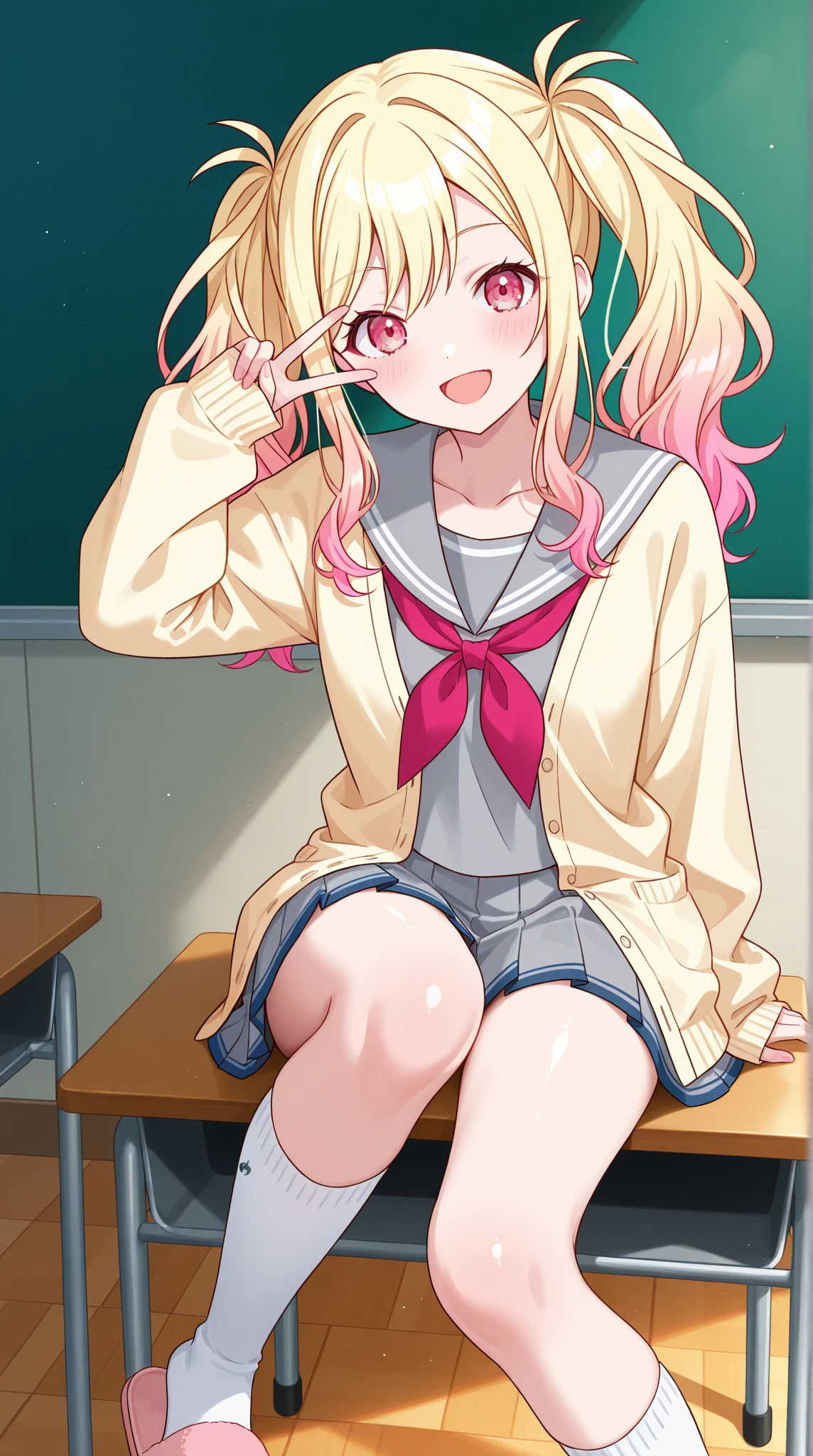 (Masterpiece, Best Quality, 8k:1.5), (Cute: 1.4), Anime Girl with Pink Hair and Blue School Uniform, Yui from Angel Beats, (Anime Girl), Anime Girl with Long Hair, Cute Anime Girl, Pink Twin-Tailed Hair and Cyan Eyes, Beautiful Anime High School Girl, Anime Girl Named Lucy, Cute Anime Girl, Young Anime Girl, anime girls, cute anime girls, beautiful anime girls, realistic young anime girls, slouching, best smile, school
