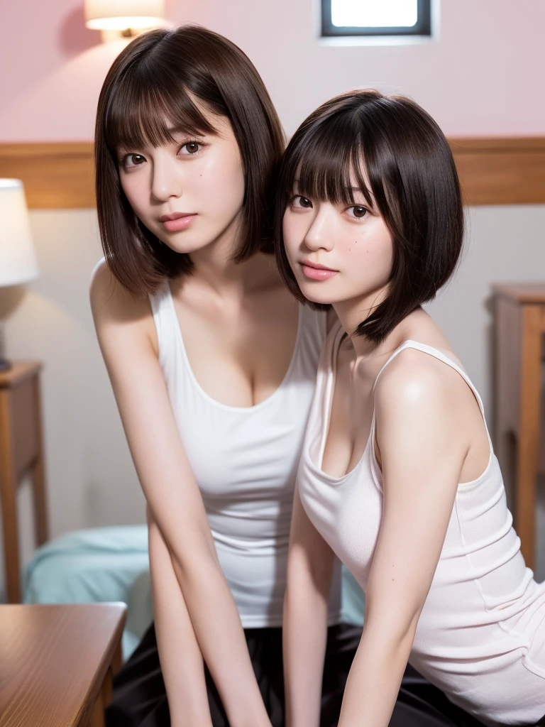 1girl in, 22year old, gradient, up looking_で_viewer, Black_hair, Solo by JM, Yoshiko Akishino, Shorthair, sisterhood, a bed