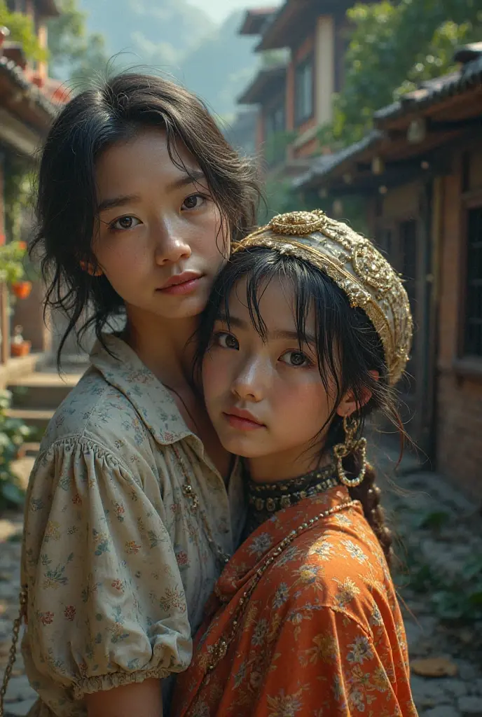 Full Shoot. two little Asian girls (barefoot), Long disheveled hair, wearing in old, patched traditional Chinese peasant clothes, Resembling a plain, sleeveless potato sack. (barefoot) Looking at camera. Dramatic light. an old peasant hut on background. This masterpiece boasts 8k resolution, intricate details, cinematic composition, and dramatic lighting - an award-winning photography piece straight from Unreal Engine.