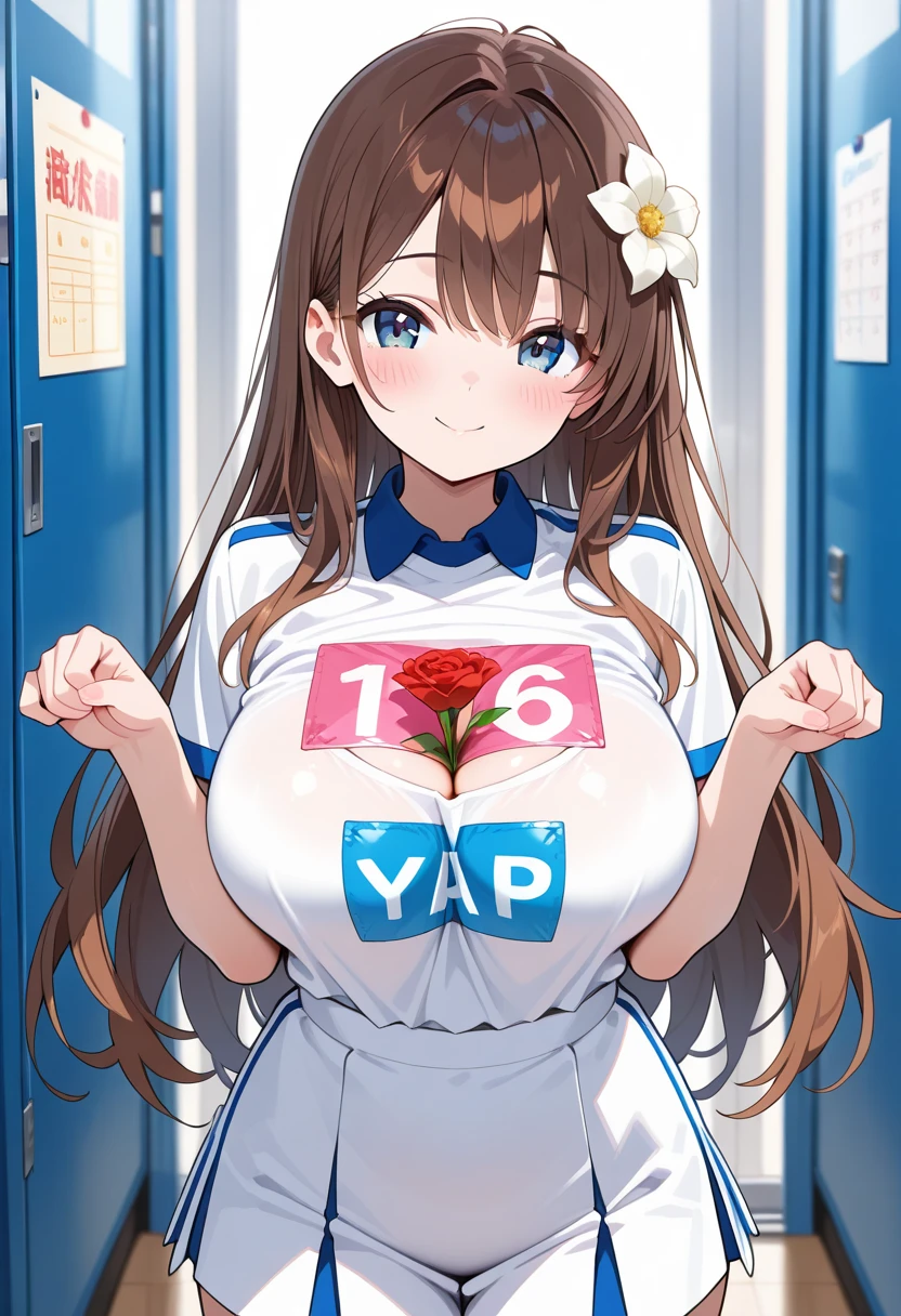 Highest quality、masterpiece、Big Breasts、Gym clothes with short sleeves、Short length、Small waist、Brown Hair、blue eyes