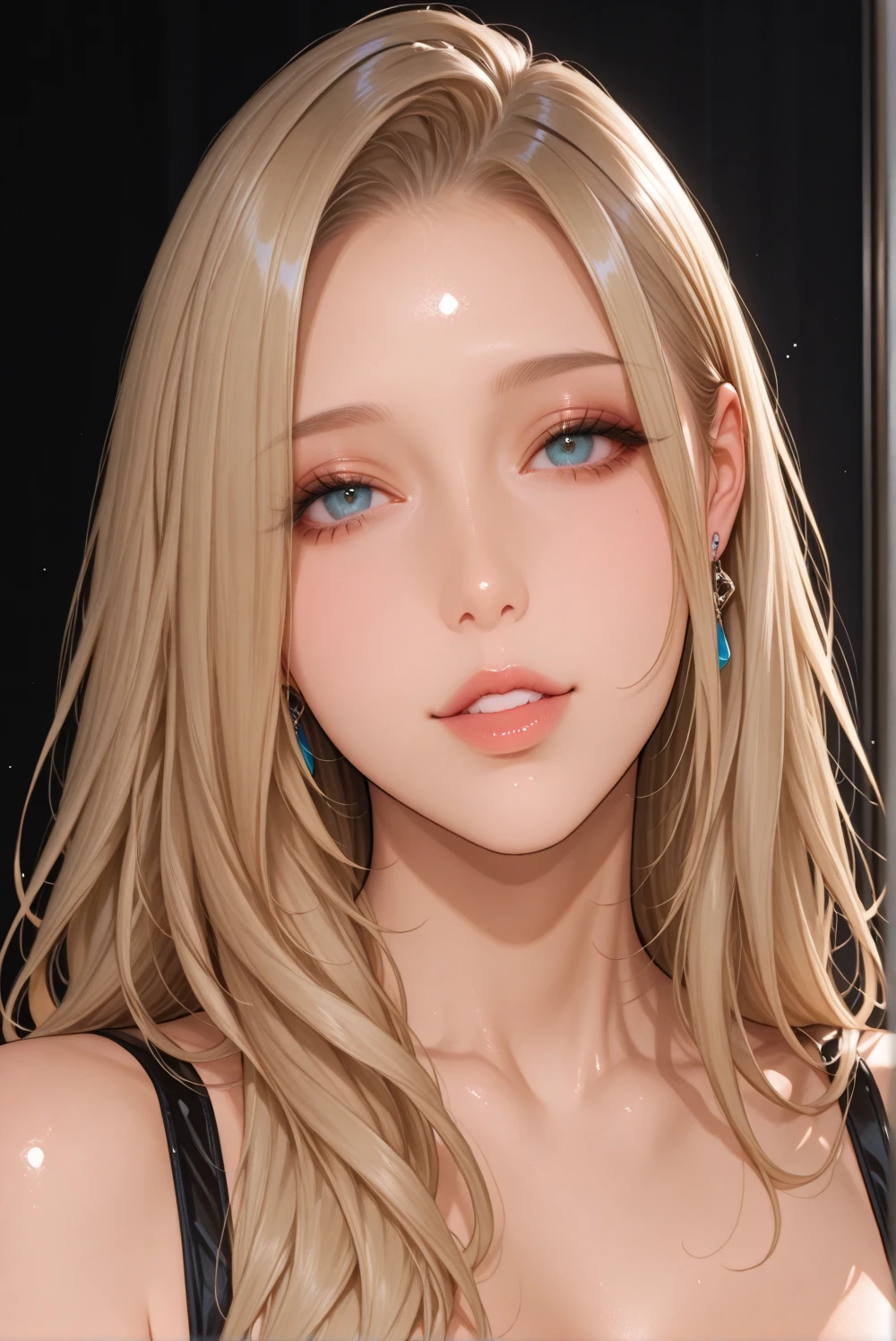 Beautiful girl with realistic black eyes, pale skin, Medium length blonde, perfect face, perfect eyes, Wearing a casual jacket, very detailed, comprehensive movie, digital painting, 8K, cinematic lighting, highest quality, High resolution, well done!, Post-processing, perfect result, surreal,(((revealing clothes))),big breasts